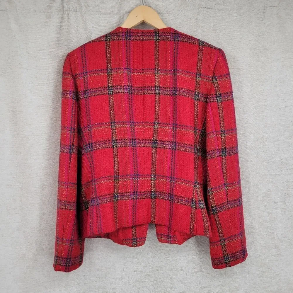Ellen Tracy Red Plaid Blazer Double Breasted Gold Buttons Skirt Suit Set Tweed